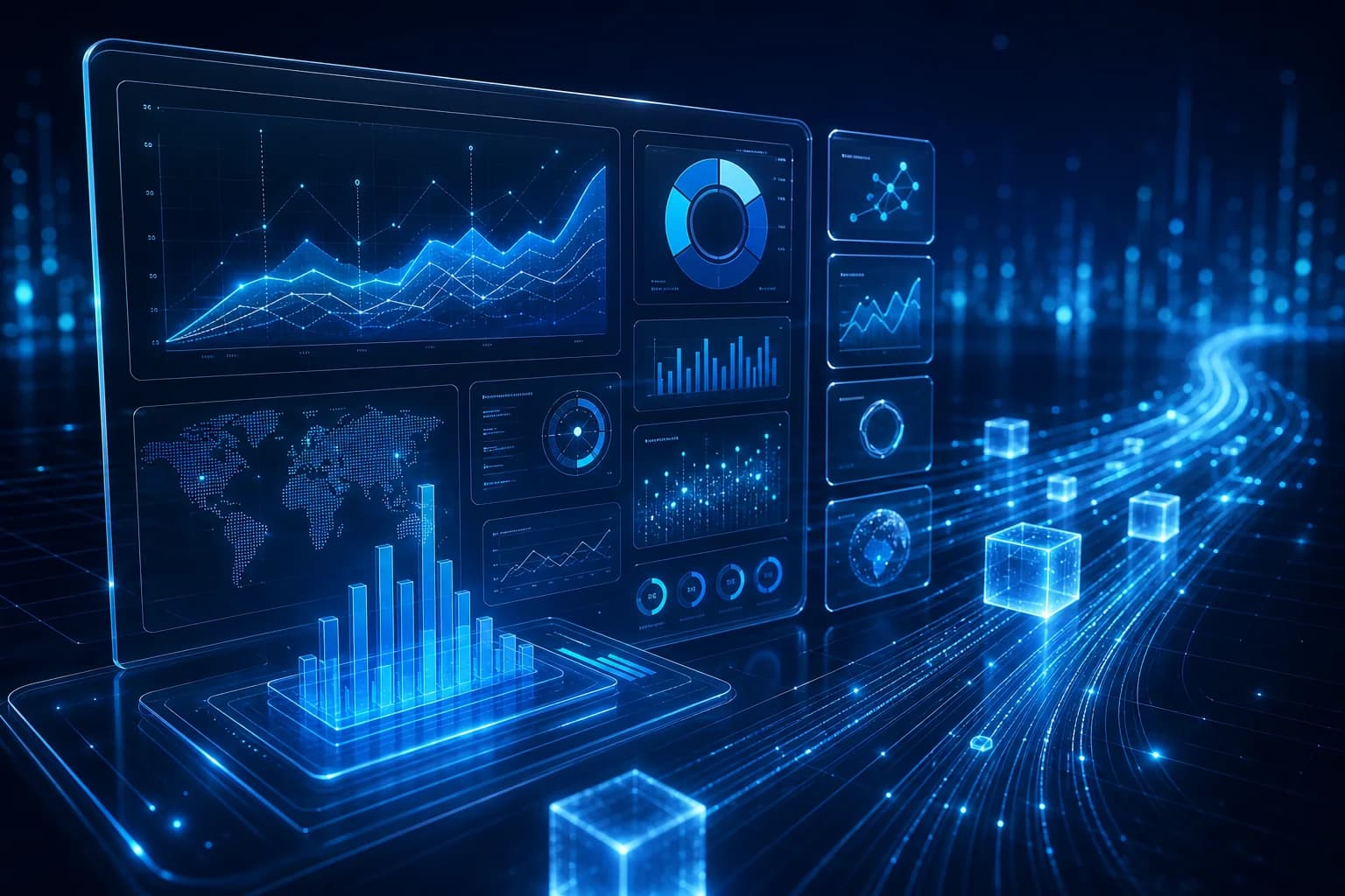 Layered analytics dashboards with blue predictive insight streams