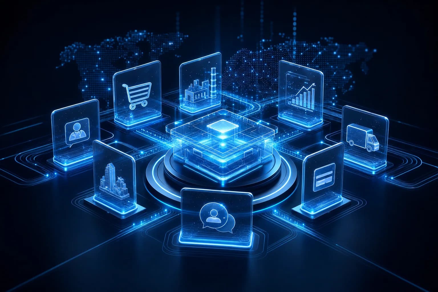 Abstract multi-industry platform ecosystem with luminous blue data paths