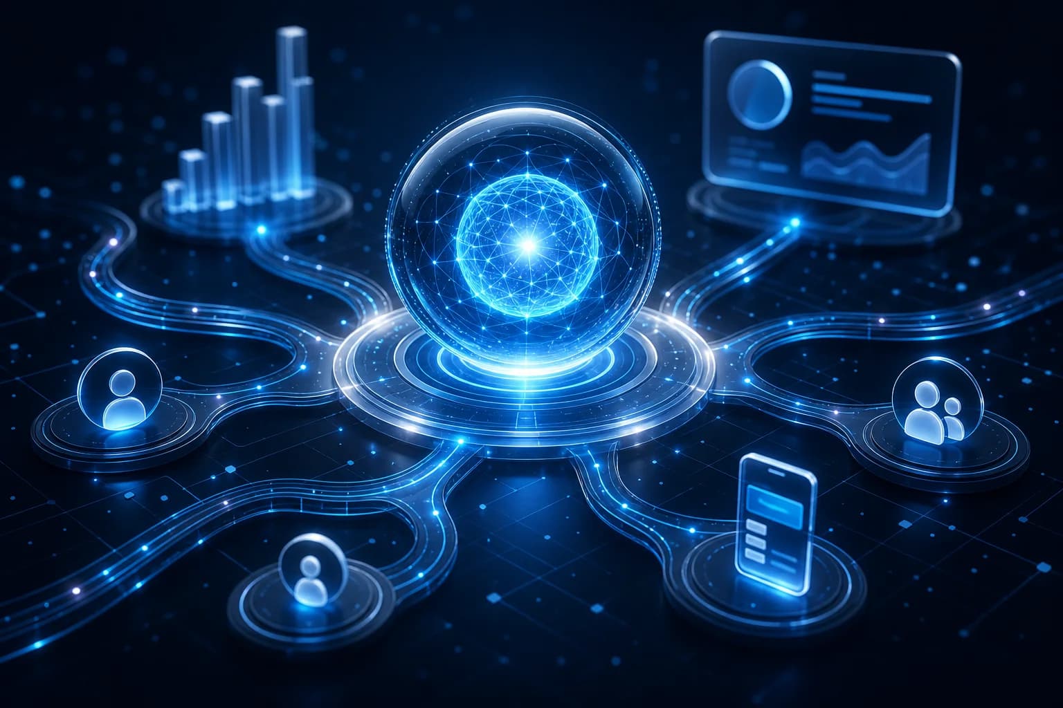 Glowing AI core connected to human-centered digital journey paths