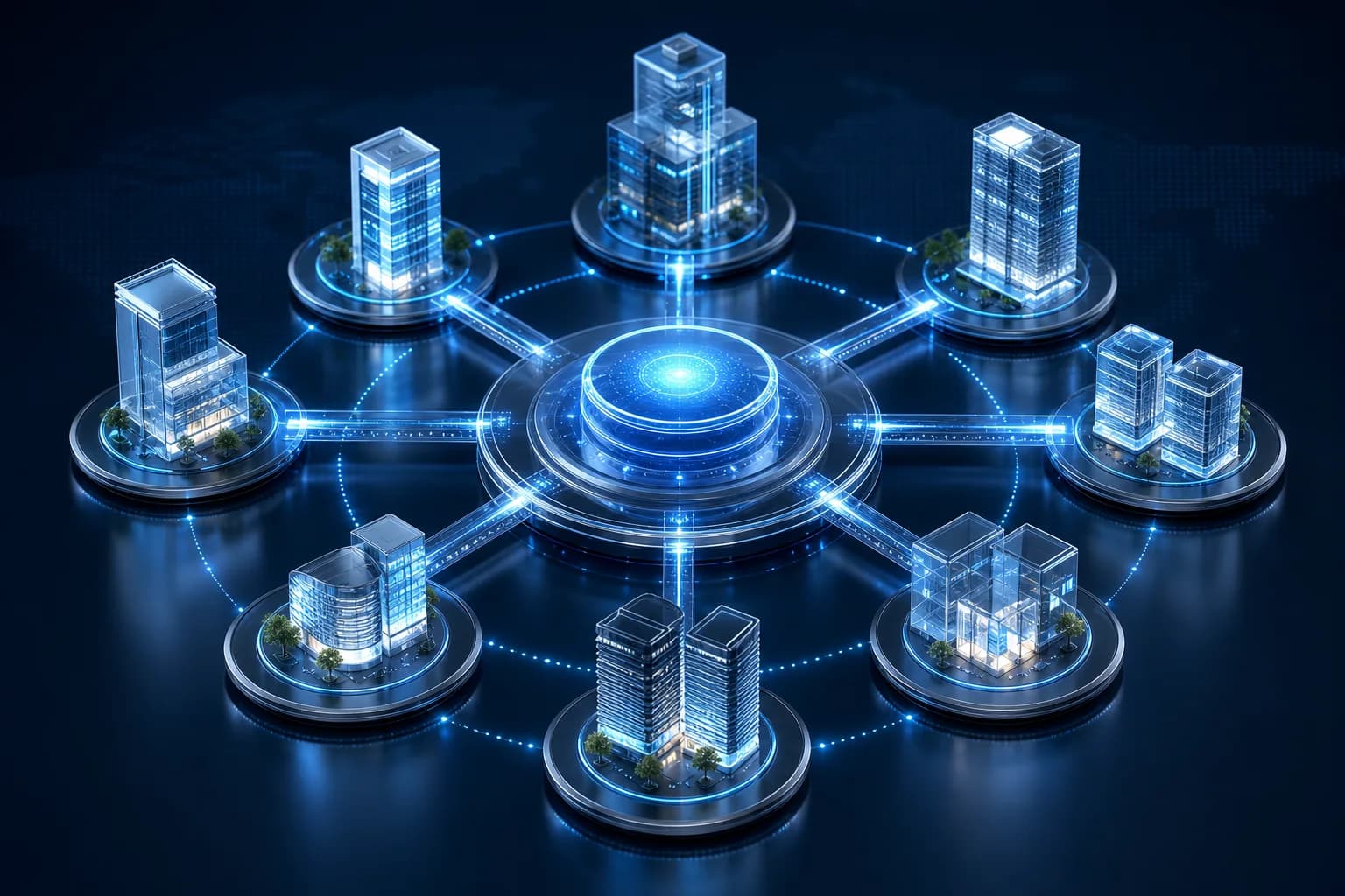 Connected partner hubs around a luminous shared platform ecosystem